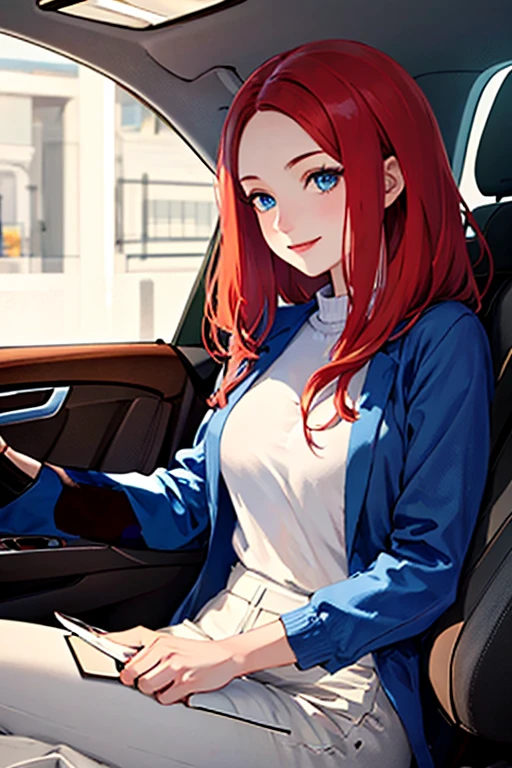 ((masterpiece)), (((best quality))), chromatic lighting,
colorized, red + white limited color palette, 
detailed concept drawing, inside a car,
portrait, 20yo 1girl, medium soft breasts, slender, long red hair, blue eyes, smiling, no weird objects or colors on the face