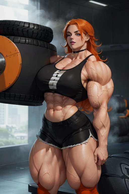 ((Close-up)), tall, (orange hair) beautiful sweaty muscular woman, long shaggy hair, pale white skinned, closed smile, (black lipstick), ((massive muscles)), (hyper muscle), (ginormous bulky muscles), green eyes, (black sports bra), (black dolphin shorts), choker, sneakers, ((carrying a massive car tire in hand)), in a steamy weight room, 