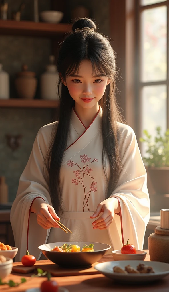 Chinese Beautiful young girl long hair cooking