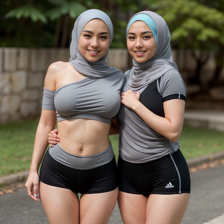 RAW, Best quality, high resolution, Masterpiece: 1.3), Beautiful Malay woman in adidas sportswear, ((2 female, lesbian, grabbing each others breats, groping breasts, breast docking, hugging)), flawless face, cute face, pretty malay face, beautiful white teeth, Masterpiece, Perfect plump body, full body, oily body, tight breasts, short hair, ((wearing grey bawal style hijab, long and wide hijab, hijab covering shoulder)), covered in cum, soaked in semen, beautiful big eyes, watery eyes, Soft smile,smiling, breezy, skin details, skin texture details, wide hips, thick thighs, sexy plump body, morning time, laughing, happy, bright sunshine, at jogging tracks, ((black and white outfit, wearing tight shirt, short sleeves, wearing long black handsocks)), ((wearing tight shorts, wearing long black stockings)), blurred background, bokeh, ((standing)), ((holding own breasts )), front view, ((wearing tight sports outfit))