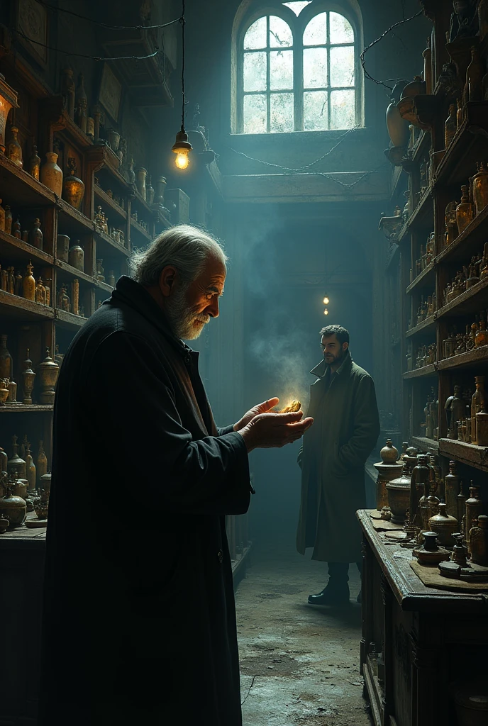 The interior of a dark and dusty pawn shop, with shelves full of antique objects. A man watches an elderly shop owner, who is holding the pocket watch with an enigmatic expression.