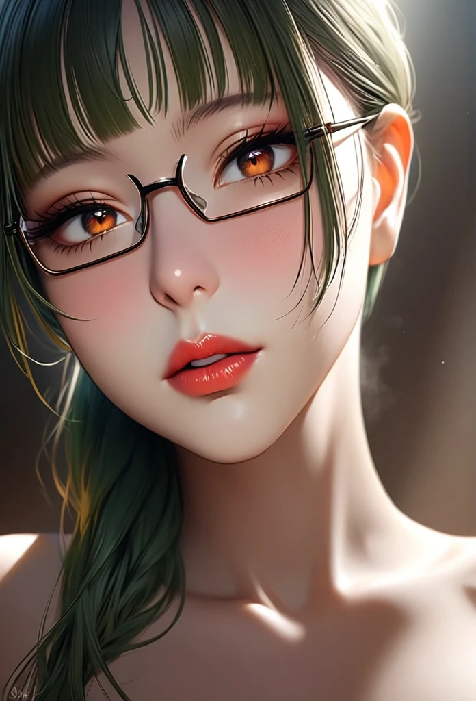 1girl, elegant erotic beautiful girl, big breasts, ((green hair)), ((long green hair with pony tail and straight bangs)), glasses, maxi dress, adultery, indecent, vulgar, (best quality,4k,8k,highres,masterpiece:1.2),ultra-detailed,(realistic,photorealistic,photo-realistic:1.37),intricate details, delicate facial features, beautiful amber eyes, ulzzang, long eyelashes, small nose, full lips, porcelain skin, natural lighting, warm color palette, chiaroscuro lighting, dramatic shadows, sensual, alluring, mature themes, artistic, dreamlike, ethereal, sideboob, cleavage, looking at viewer, ulzzang, (amber eyes), (close up face portrait),
