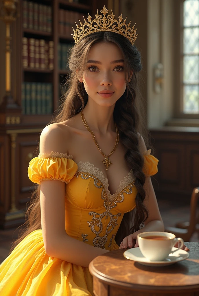 (photorealism:1.2), beautiful woman, beautiful body, brown eyes, brown hair, golden crown, long braided hair, yellow princess dress with glitter and lace, elegant golden necklace,
library of a castle, many beautiful books, cup of tea on a small table, glass window, princess