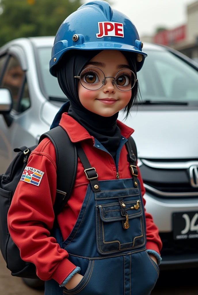 fat chubby girl with glasses, black hijab, wearing dark red and dark blue oil and gas coveralls, black backpack, blue helmet with JPE logo, font in red. modified silver honda jazz gk5 2018 background.