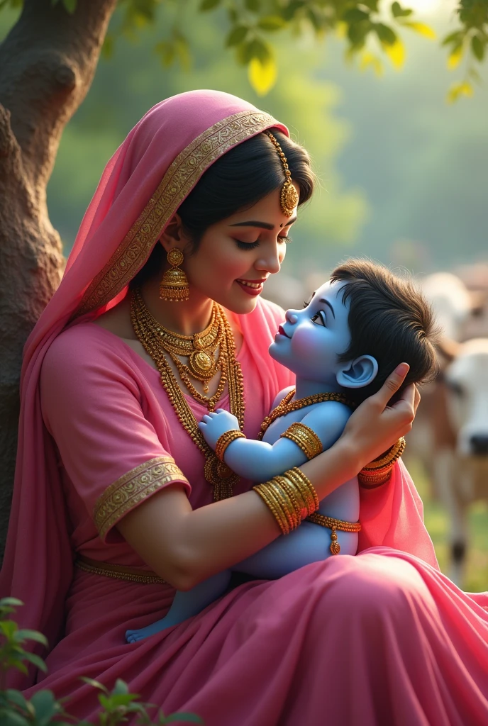 Generate image of cute new born little krishna with light jewellery facing our side with big fluffy cheeks and big eyes in blue color and body also sky blue color with his beautiful mother in white color body wearing pink saree and lot of jewellery who is standing and holding him in her lap kissing his cheeks with background of trees and cows along with caption happy krishnashtami.