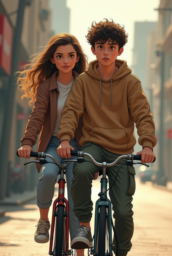 Handsome boy,curly hair,feded hair cut,small eyes,two hands,wearing a huddy,two lags, wearing Cargo pent, ride bike cycle with her girlfriend 