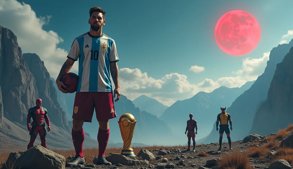 Generate an image showing Lionel Messi wearing the Argentina shirt next to the red Deadpool and the yellow Wolverine, The landscape must include an apocalypse or the end of the world and mountains in the background., under a blue sky with some fluffy clouds and a red moon . Messi must have the ball on his left foot and also have the World Cup in his right hand.. While Deadpool is doing funny poses as he knows how to do and Wolverine is next to Messi but not so close, about 50cm away, not so close.