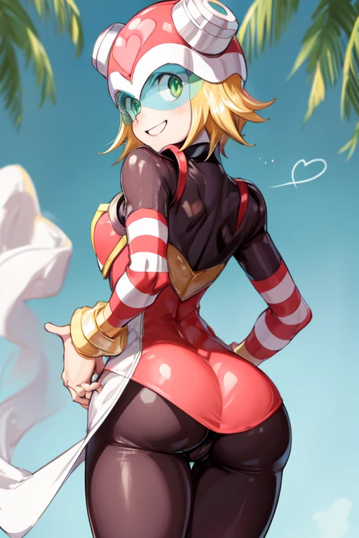 harpnote_megamansf, 1girl, solo, blonde hair, short hair, bodysuit, heart, (helmet), green eyes, smile, masterpiece, (hands on butt: 1.2), big butt, from behind, (leg lifted), high quality,