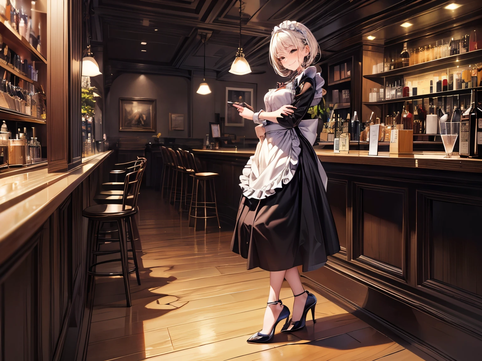 (masterpiece:1.3),(best quality, highest quality),((Full Body Shot,Including face)),girls,4K,masterpiece,((Focus on the face)),((Symmetrical facial features)),Beautiful woman,(slender),((High heels)),Detailed depiction of the face, Cafe ,bar,Maid clothes,skirt,Age 25,(smirk),kawaii, (illustration:1.3)