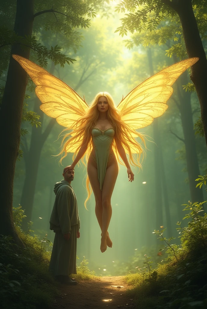 create an image that in the background is a forest and in the center there is a fairy with golden wings and blond hair and a man who looks human but is actually a mind controller