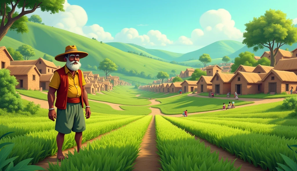 In cinematic 2d cartoon style log shot indian village The crops in the field growing healthy and green after the farmer returns to his honest, hard-working ways.