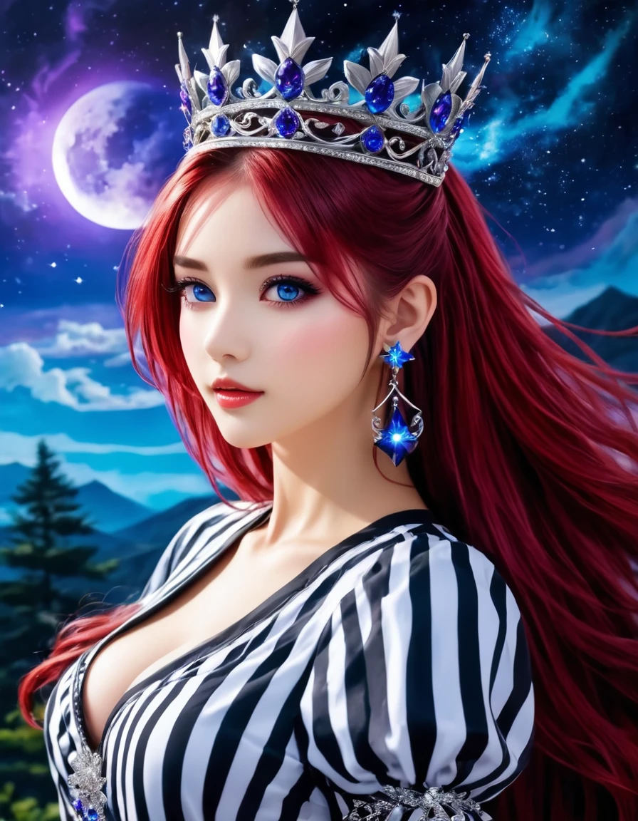 An animated image of a girl with long red hair and blue eyes. She is wearing a black and white striped dress and earrings. Her hair is a vibrant shade of purple. Her eyes are a piercing blue. Her eyebrows are a darker shade of blue. She has a silver crown on her head. The background behind her is a dark blue with stars in the sky.