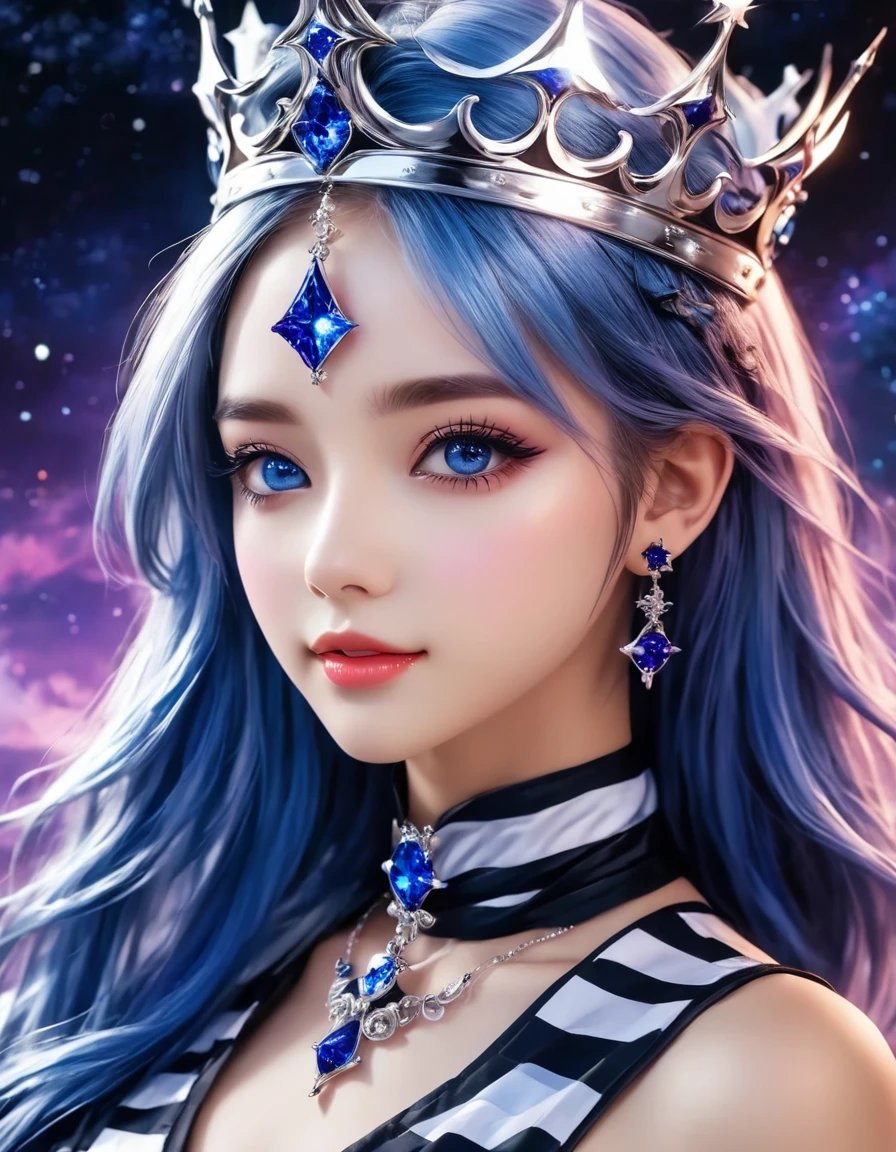 An animated image of a girl with long red hair and blue eyes. She is wearing a black and white striped dress and earrings. Her hair is a vibrant shade of purple. Her eyes are a piercing blue. Her eyebrows are a darker shade of blue. She has a silver crown on her head. The background behind her is a dark blue with stars in the sky.