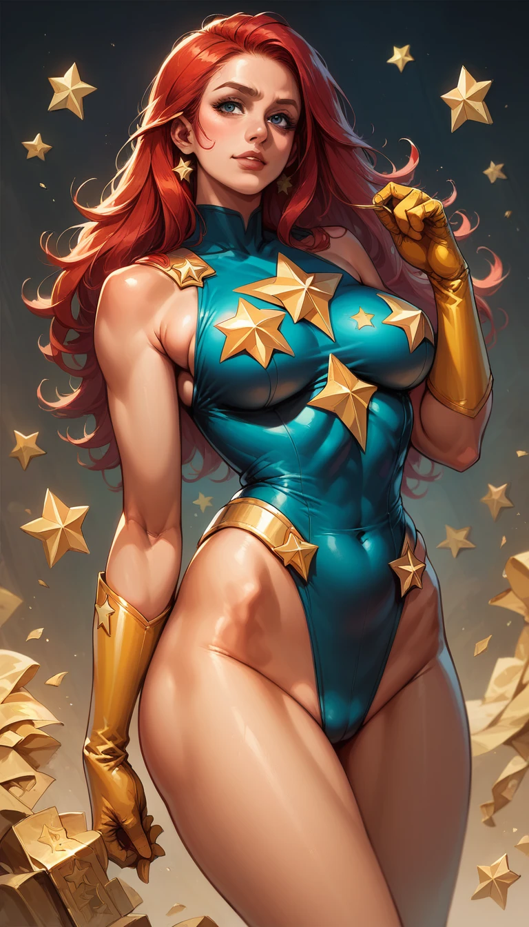 score_9, score_8_up, score_7_up, score_6_up, (((masterpiece))), (((Best Quality: 1.5))), Sexy, Superheroine, Red hair, long hair, busty, plump, curvy, ((blue highleg leotard with a t-back thong and a gold star insignia on chest)), gold boots, gold gloves,
