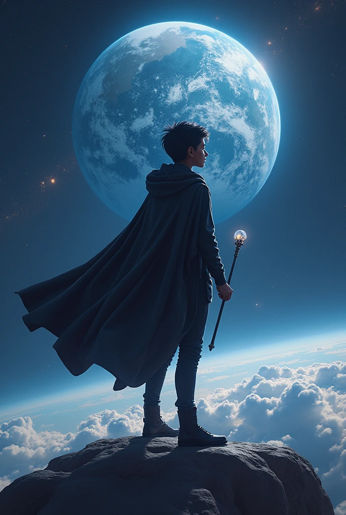 Dark skinned magician boy in space staring at the earth while he is completely turned away in a more or less modern outfit, a Cape, a hood covering his head and a magic staff