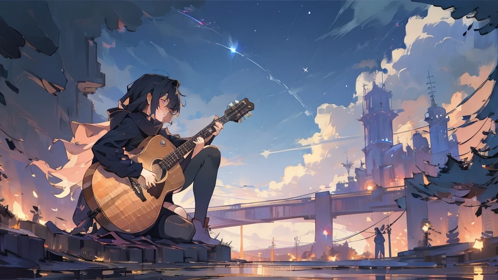 masterpiece,night,(dark alley),star、Night evening Sky、milky way、octone、
(1. Female), (solo), Knee hugging sitting,acousticguitar