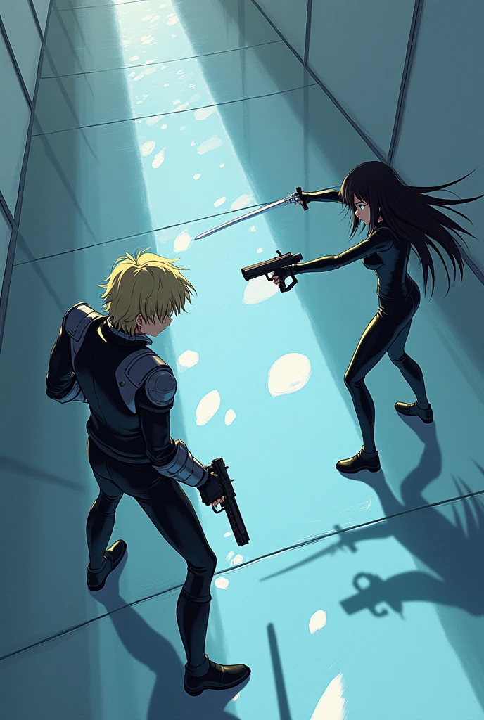 The image is anime style with shadows and dim lights, anime style although somewhat adult and dark, It shows a scene of a wide street with white walls., and whose soil, It's like crystal clear water, which perfectly reflects what happens on its surface. On that street a man with medium-length blond hair is fighting, wearing armor on his arms and holding a gun., against a single android with long black hair and a latex suit holding two swords in her hands. The image is focused from above, so you can barely see the fighters in question.