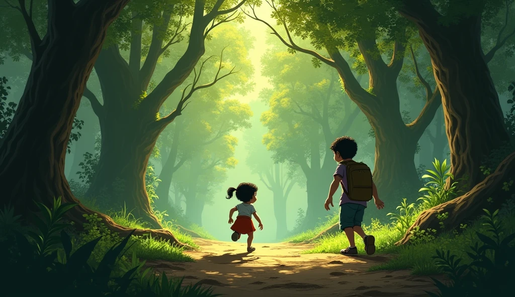The child, startled, turns and runs away quickly, disappearing behind the trees, leaving Savita confused.