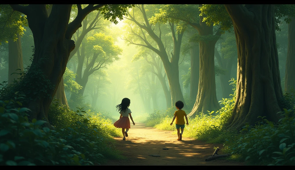 The child, startled, turns and runs away quickly, disappearing behind the trees, leaving Savita confused.