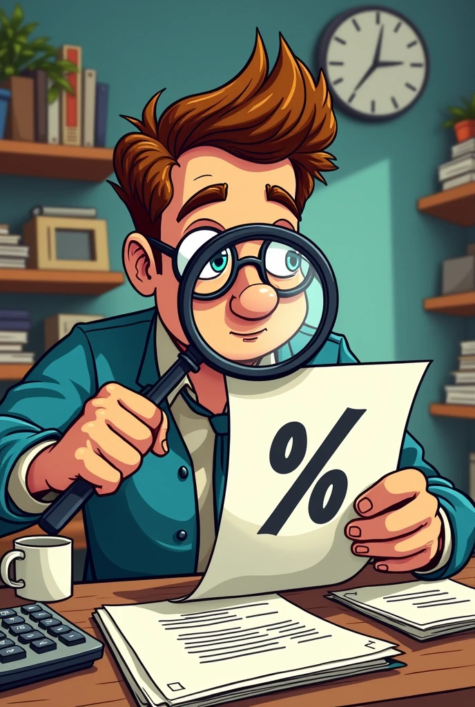 A graphic with a figure holding a magnifying glass examining a document with a percentage symbol on it (%), representing tax deductions. (that the drawing style is comic-like)