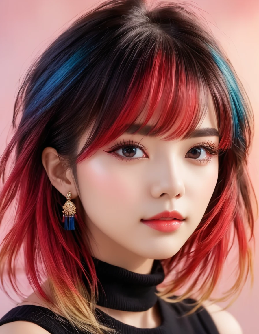 1girl, solo, long hair, looking at viewer, blush, bangs, hair between eyes, bare shoulders, jewelry, closed mouth, upper body, red hair, multicolored hair, earrings, sleeveless, two-tone hair, lips, eyelashes, gradient hair, turtleneck, portrait, black sweater, ImgFixerPre0.3