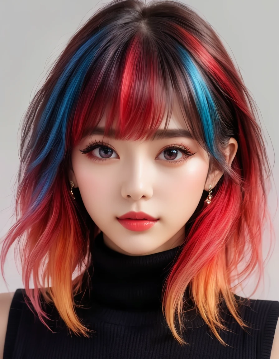 1girl, solo, long hair, looking at viewer, blush, bangs, hair between eyes, bare shoulders, jewelry, closed mouth, upper body, red hair, multicolored hair, earrings, sleeveless, two-tone hair, lips, eyelashes, gradient hair, turtleneck, portrait, black sweater, ImgFixerPre0.3