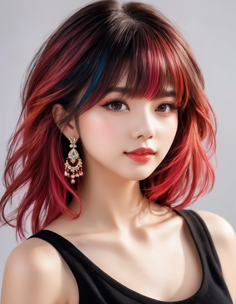 1girl, solo, long hair, looking at viewer, blush, bangs, hair between eyes, bare shoulders, jewelry, closed mouth, upper body, red hair, multicolored hair, earrings, sleeveless, two-tone hair, lips, eyelashes, gradient hair, turtleneck, portrait, black sweater, ImgFixerPre0.3