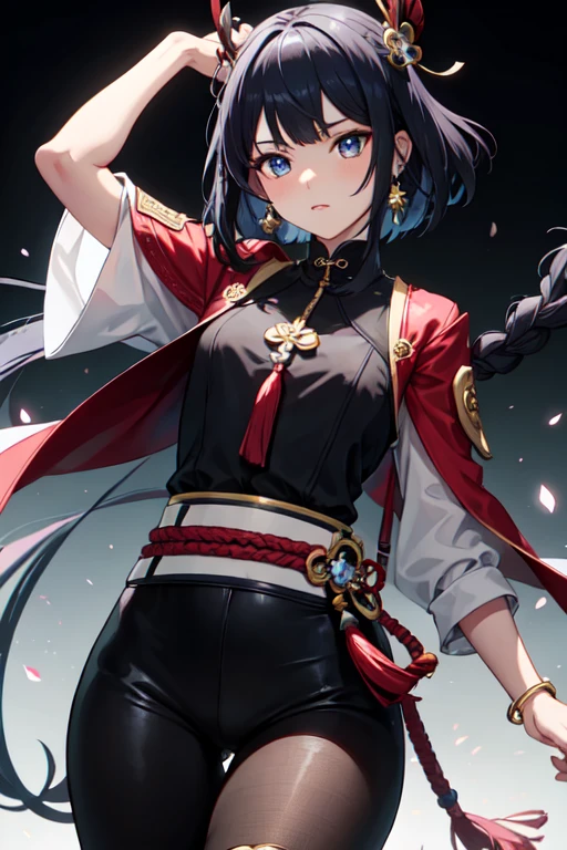 Genshin Warrior girl. She has short black hair and dark blue eyes with dark brown eye shadow. She is dressed in
a burgundy shirt, a dark bib on top of the shirt, leather straps on the belt. She has dark pants on the bottom,
burgundy high boots. On her straps she has the Monstadt Dentro Eye of God. There are small blue and red elastic bands on the head that hold the small braid in place near the face. Most of the bangs are on the right, small strands are on the left. Gold piercing in ear