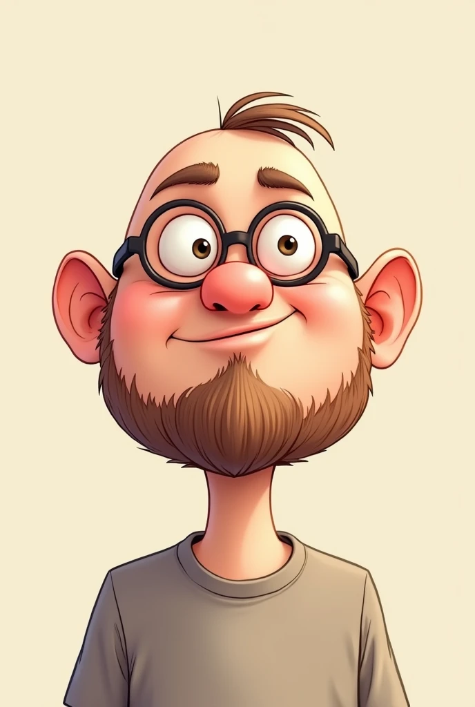 create a cartoon of a slightly fat man, round face and shaved head, wearing glasses and with a medium beard, thin eyebrows and big ears, small thin nose and big lower lip and small upper lip white skin