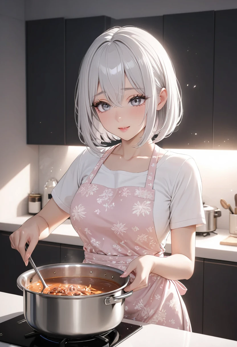masterpiece, perfect quality, high detailed, glowing particles, ambient lights, cute, full body detailed, 32K, perfect lighting, perfect anatomy, soft light, BREAK ((shiny silver hair)), bob cut, bang between eyes, beautiful hair), (glossy silver eyes:1.5), (beautiful eyes, twinkle eyes, large eyes, close eyes), BREAK (athlete body, large breasts), cute face, beautiful face, pretty face, beautiful, best quality, good anatomy, long eyelashes, expressive eyes, Perfect Hands, BREAK pink botanical print apron, white shirt, short sleeves, morning, kitchen, 1girl, there is a pot on the stove that is being ignited, there is a pot-au-feu in the pot-au-feu, and the girl is holding a ladle in her right hand and mixing the contents of the pot,