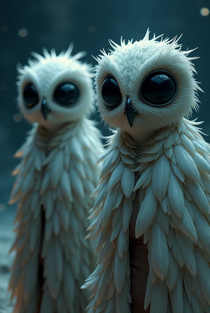 two humanoids with alien owl heads and large black eyes, the body is covered by a cloak of large feathers. starry sky