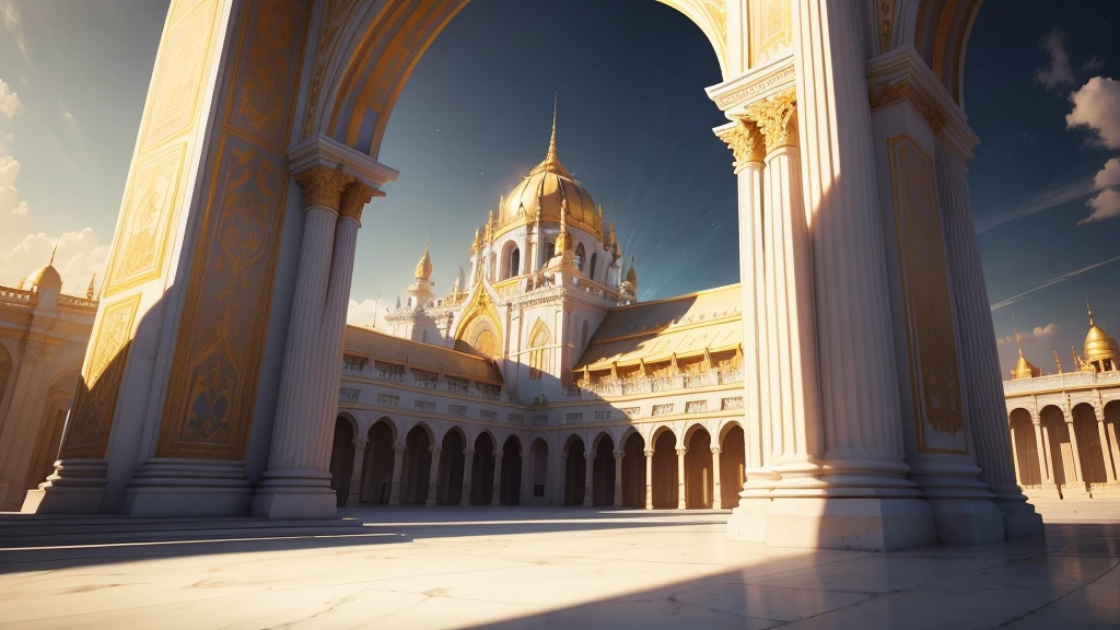 Majestic Angelic Palace at Noon, A grand palace in the heart of the city of angels, standing tall under the bright midday sun. The palace is made of shining marble and gold, with intricate patterns carved into its walls. The sky above is a perfect blue, with fluffy white clouds drifting lazily by. Translucent angels in flowing robes and shimmering wings are seen flying above the palace, casting soft shadows on the ground below, Dynamic pose, Strong contrast, Good depth of field, 8K wallpaper, Masterpiece, Aesthetic illustration in realistic style, best quality, natural light, high res, highly detailed, All the colors and materials in this work are very harmoniously combined, bioluminescent flora