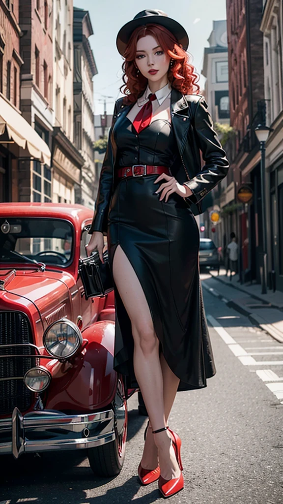masterpiece, pale skin, red lips, light eyes, eyeshadow, front shot a beautiful red-haired woman with medium curly hair standing on the street holding a Thompson drum M1928A1, behind her a 1928 Cadillac Town Sedan left green, she wears a mafia suit with red and black colors, Skirt and jacket on her shoulders in mafia style, she also wears a hat, garter holder and heels, very detailed body, detailed car and clothes, chiaroscuro, natural daylight, highly detailed, her and the car focused on the image