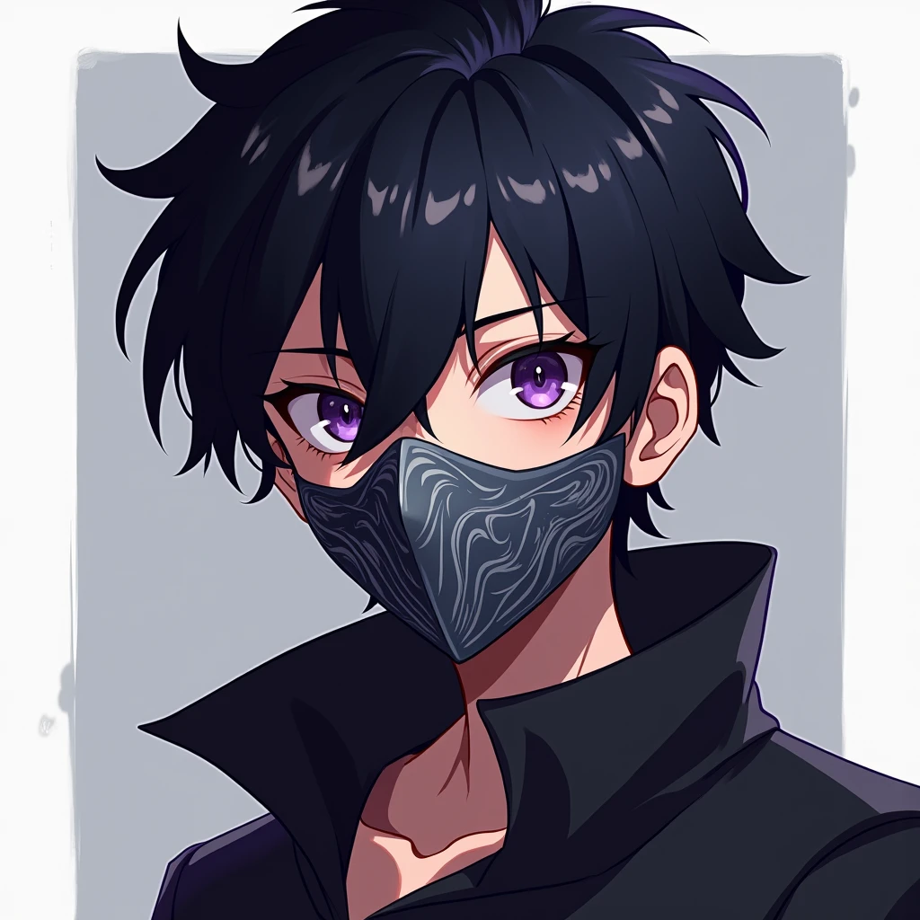 2D anime boy with black hair and purple eyes and mask