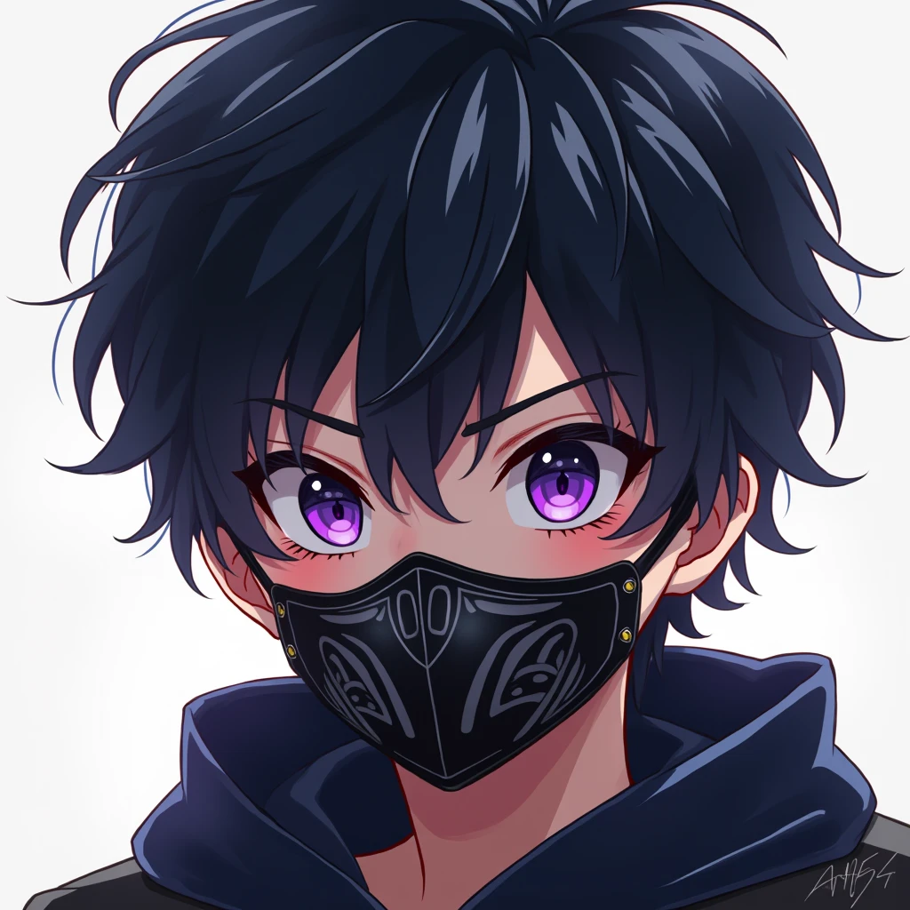 2D anime boy with black hair and purple eyes and mask