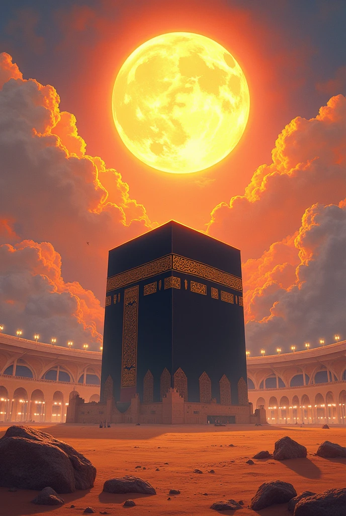 Create a beautiful Kaaba where a big sun
is visible in the scene