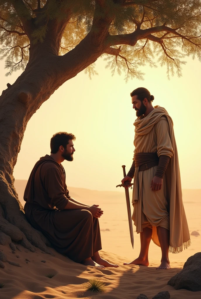 A man sits under a tree in the desert while another man stands with a sword in his hand asking for forgiveness