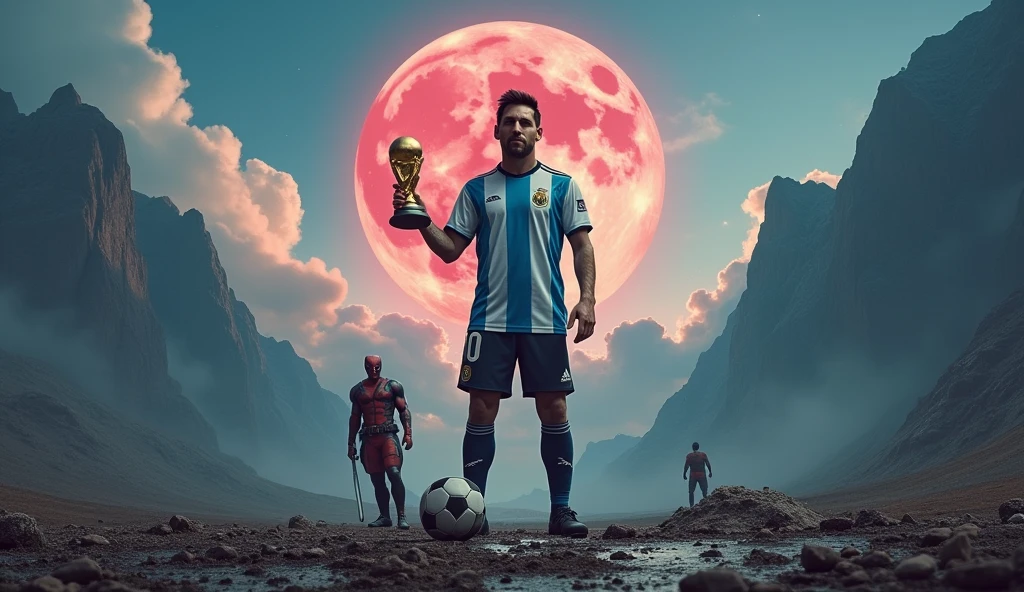 Generate an image showing Lionel Messi wearing the Argentina shirt next to the red Deadpool and the yellow Wolverine, The landscape must include an apocalypse or the end of the world and mountains in the background., under a blue sky with some fluffy clouds and a red moon . Messi must have the ball on his left foot and also have the World Cup in his right hand.. While Deadpool is doing funny poses as he knows how to do and Wolverine is next to Messi but not so close, about 50cm away, not so close.