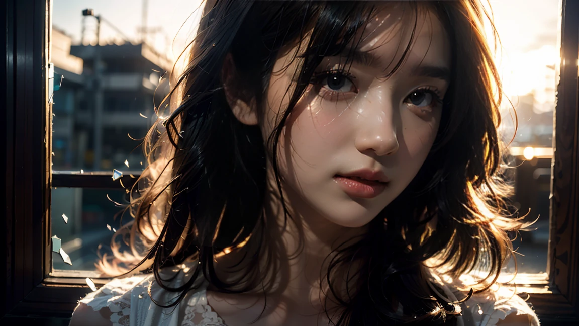 a beautiful girl crying, tears streaming down her face, soulful expression, long wavy hair, delicate features, lace dress, broken glass, shattered heart, dimly lit, muted colors, cinematic lighting, portrait, emotional, dramatic