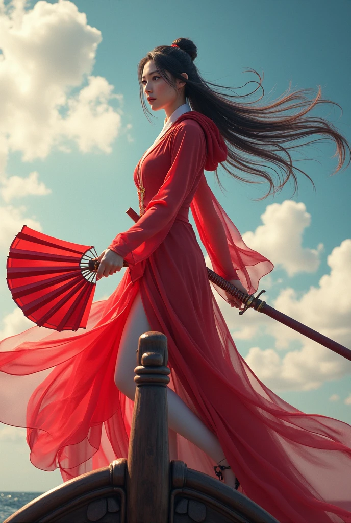 (masterpiece, best quality, beauty, best ratio, best shadows,best Illustration)
uhd,china female kungfu, korean beauty like tae yon, dancing, full face and posture fully visible, shining red eyes, windblown hair, wear white chong sam and traditional cottonkungfu shoe ,red hoody,hand holding red chinese leaf fan and long sword,on the bow of the ship.bright sky and cloud seen on far away. use the RenderMan renderer.digital art. High definition, high contrast,high color saturation,128k,cinematic lighting, intricate,cinematic advertising photograph,cinema lens,high res.
Samsung Wallpaper size 1080×2400 pixels