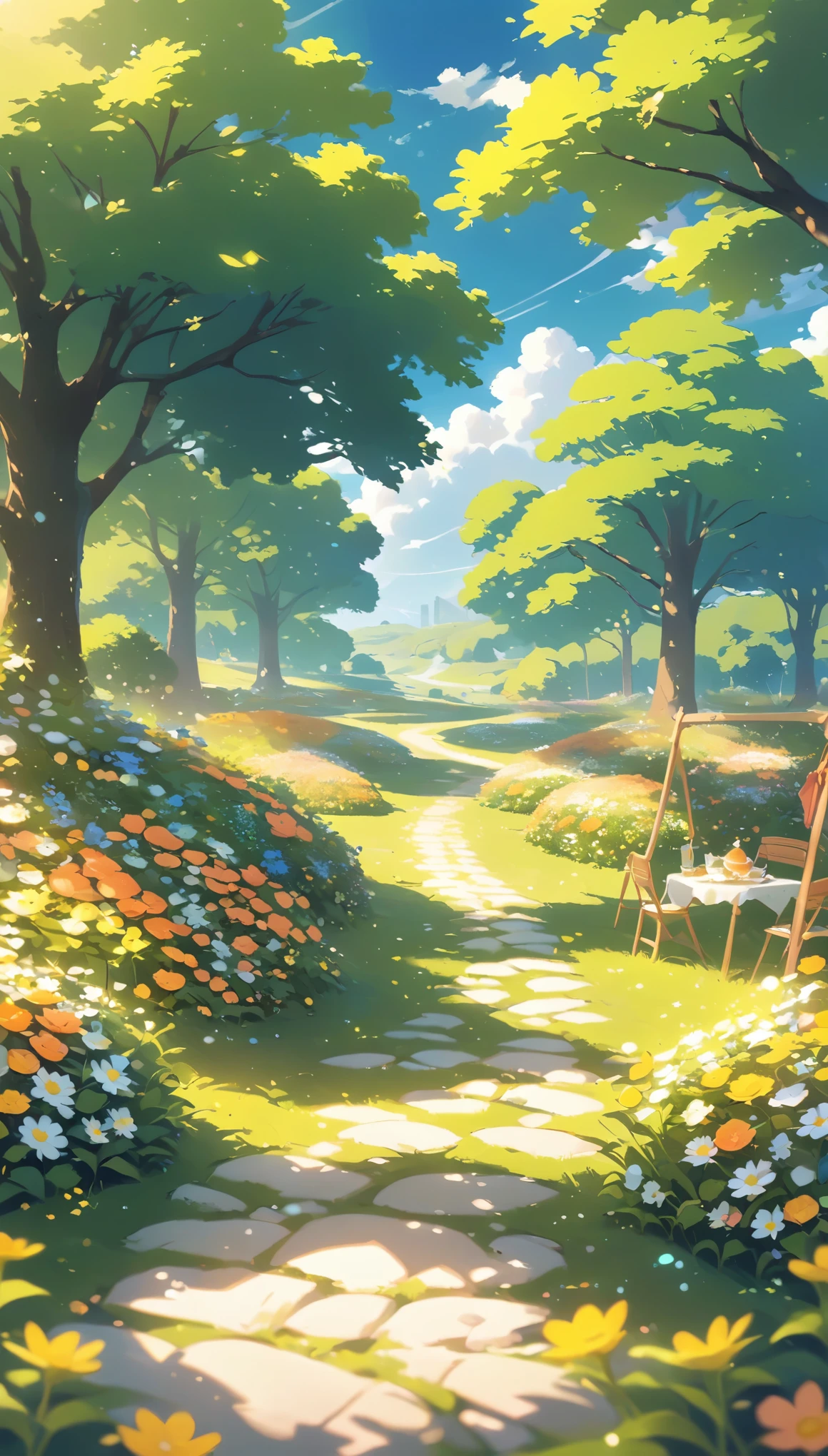 ultrawide landscape Afternoon Tea, Flower garden Cozy,Orange Pink ,picnic , There are no human characters.