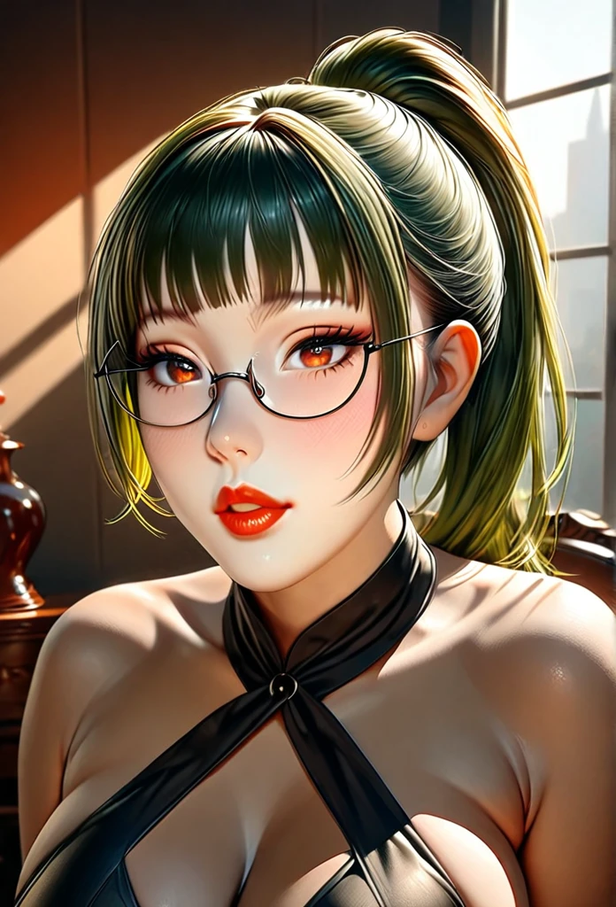 1girl, elegant erotic beautiful girl, big breasts, ((long green hair with pony tail and straight bangs)), glasses, maxi dress, adultery, indecent, vulgar, (best quality,4k,8k,highres,masterpiece:1.2),ultra-detailed,(realistic,photorealistic,photo-realistic:1.37),intricate details, delicate facial features, beautiful amber eyes, ulzzang, long eyelashes, small nose, full lips, porcelain skin, natural lighting, warm color palette, chiaroscuro lighting, dramatic shadows, sensual, alluring, mature themes, artistic, dreamlike, ethereal, sideboob, cleavage, looking at viewer, ulzzang, (amber eyes), (close up face portrait),
