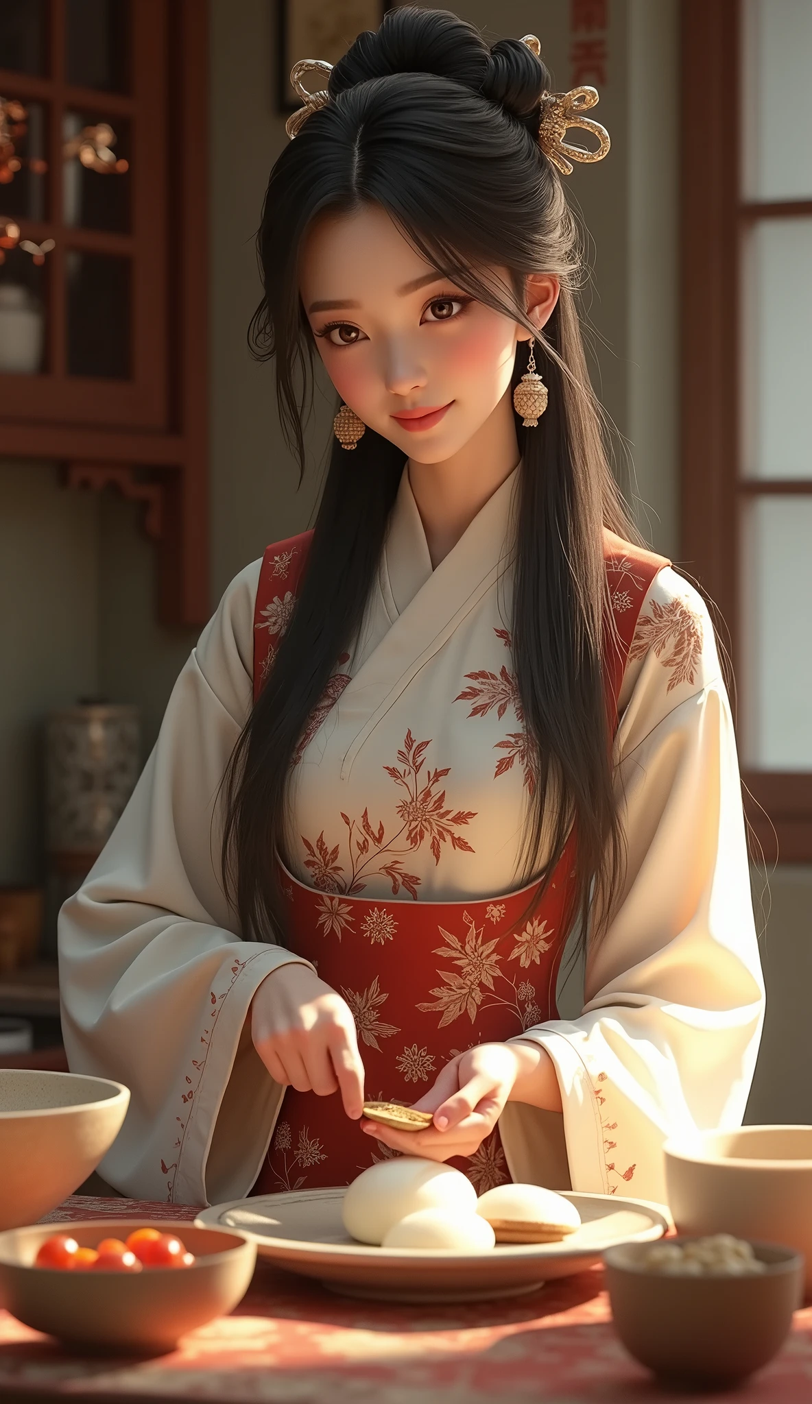 Chinese Beautiful young girl long hair cooking