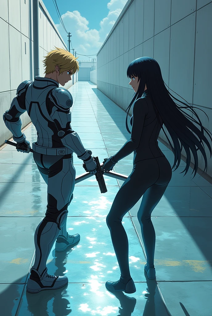 The image is anime style with shadows and dim lights, anime style although somewhat adult and dark, It shows a scene of a wide street with white walls., and whose soil, It's like crystal clear water, which perfectly reflects what happens on its surface. On that street a man with medium-length blond hair is fighting, wearing armor on his arms and holding a gun., against a single android with long black hair and a latex suit holding two swords in her hands. The image is focused from above, so you can barely see the fighters in question.