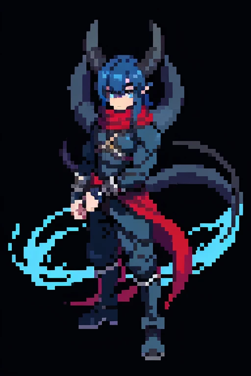 8k, detailed artwork, high resolution, high détails, vivid colors, detailed plans, black dragonborn, Dragon head, 1 tail, 5 fingers, 2 arms, 2legs, black scales, skin black, blue colored eyes, rogue, wearing rogue clothes, long white cape, long red scarf around the neck, masculine.