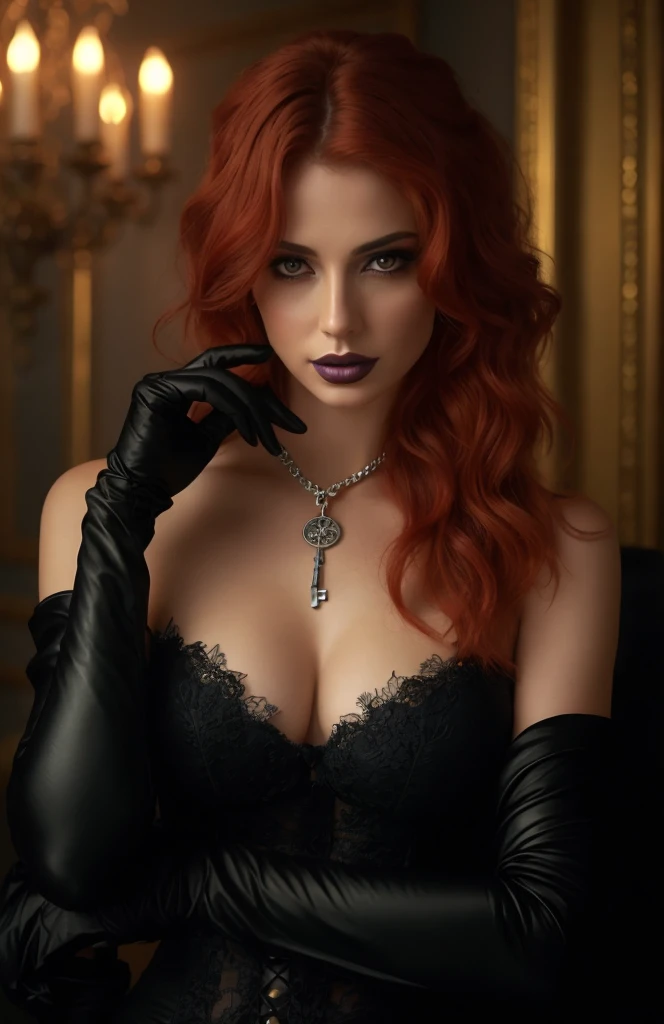 The image depicts a woman exuding an aura of authority and dominance. Her wavy, orange-red hair cascades over her shoulders, adding a touch of intensity and fire to her appearance. She is dressed in an elegant black dress adorned with lace and a satin corset that accentuates her curves and reveals a generous cleavage. She wears a necklace, with a silver key pendant, resting between her cleavage, drawing attention to the area in a subtle and provocative way. With her arms crossed, she projects an imposing and confident presence, while her black gloves complement the sophisticated look. Her face is tilted slightly to the right, with her chin raised, accentuating her confident and dominant expression. Her eyes, emphasized by dark, smoky makeup, convey a mysterious and seductive look, captivating and intimidating. Her lips, painted in dark purple, are slightly parted. The woman's silent expression, combined with the black leather dress and corset, reinforces her aura of power and allure. Every element, from her posture and the tilt of her head to her choice of clothing and setting, contributes to an aesthetic that is enigmatic, commanding, and irresistibly alluring.