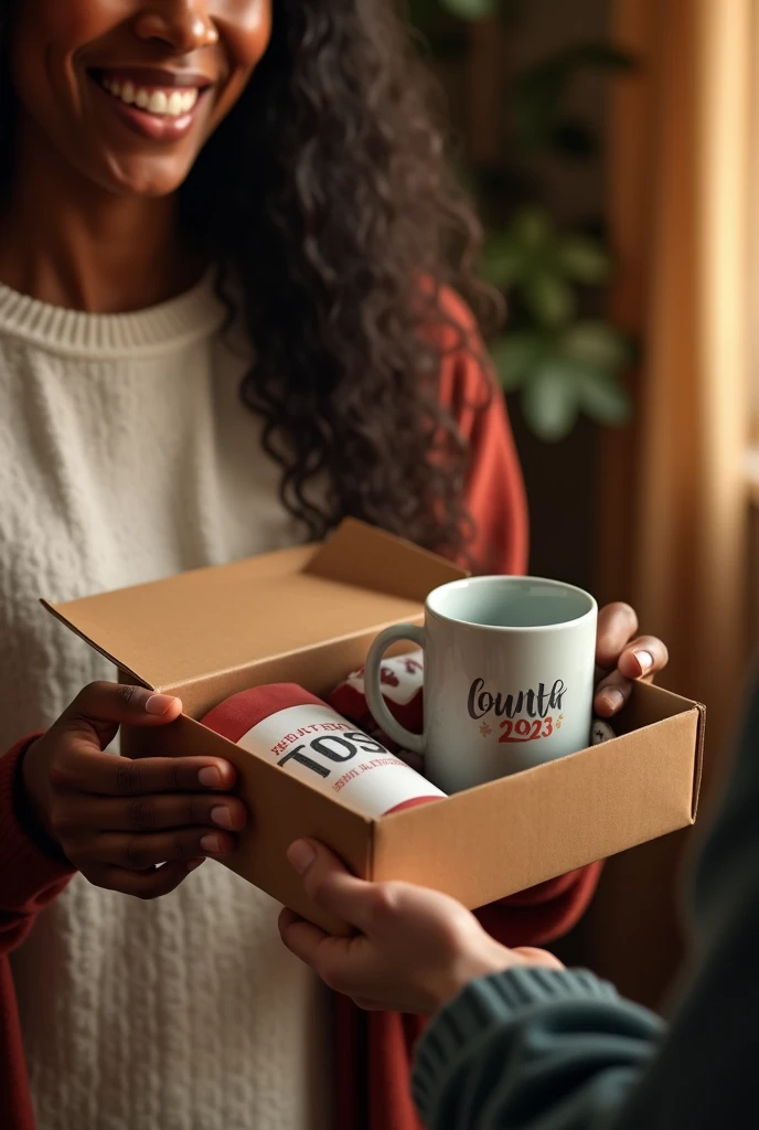 a black woman, gifting someone with a personalized shirt and mug in an open package that allows you to see the contents inside