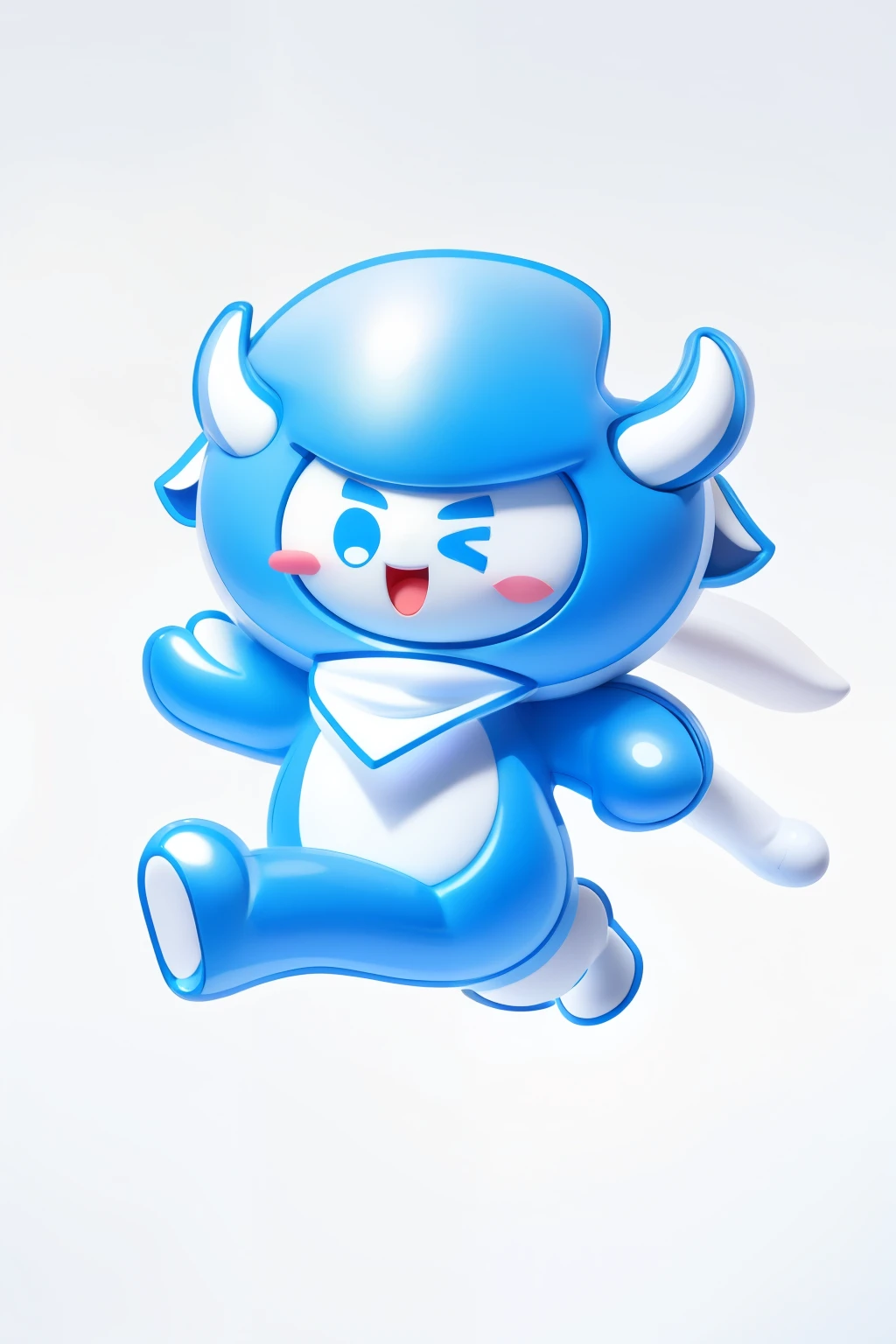 A cute blue cartoon mascot with blue and white color scheme, white face, two horns on its head, wearing a triangular scarf, smiling with its mouth open, jumping in the air, simple background, white background, simple lines and Shaped character design surreal, full body, blushing, beady eyes, 3D effect, clear outline light, rim light, spotlight, 8k