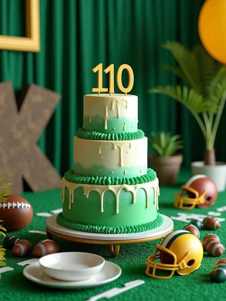 birthday cake in green and white colors with the word 110 written on it on a table decorated with a football theme
