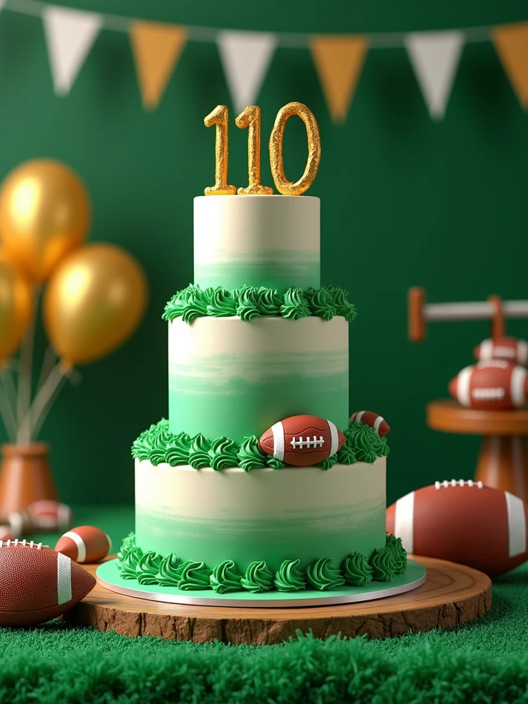 birthday cake in green and white colors with the word 110 written on it on a table decorated with a football theme